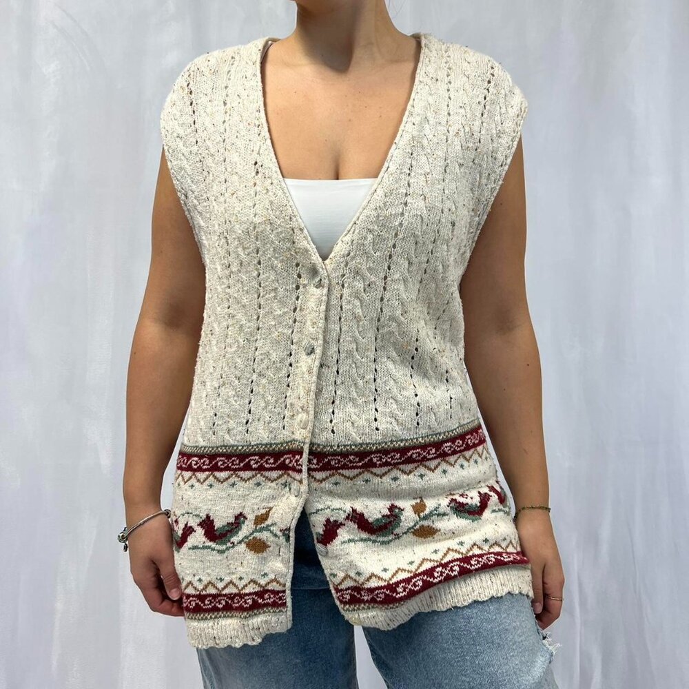 Cream And Red Vintage Oscardo cardigan with embroided birds and floral pattern